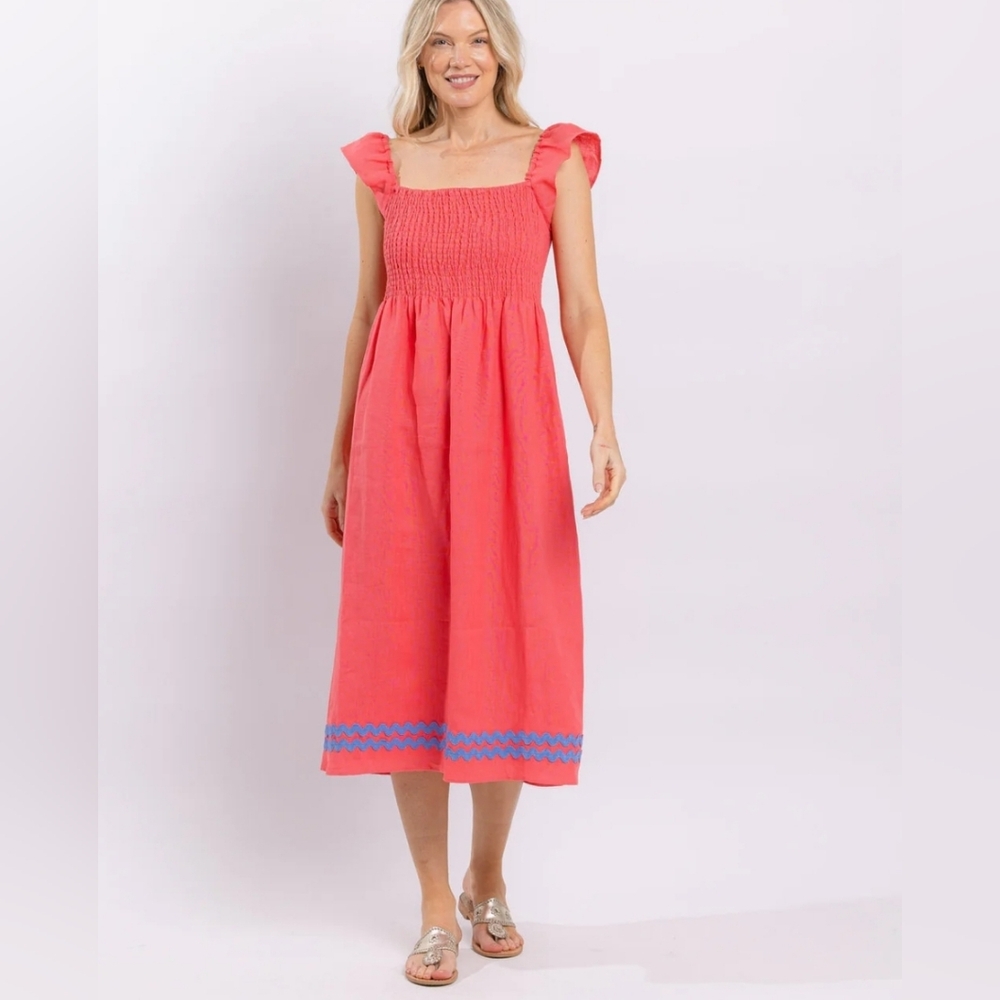 Sail To Sable Womens Linen Blend Flutter Sleeve Smocked Midi Dress Size Small